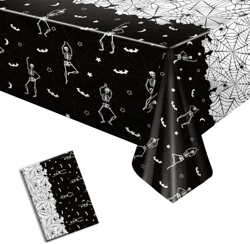 Miniatura 8 de 3 manteles desechables de Halloween con diseño de calavera y esqueleto, de plástico, color negro, rectangular, de vinilo, para decoración de fiestas