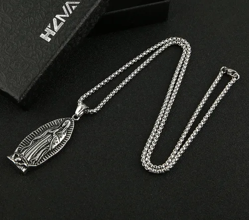 Miniatura 5 de HZMAN Collar colgante de acero inoxidable con cadena de trigo de acero inoxidable con cadena de trigo de Nuestra Señora de Guadalupe