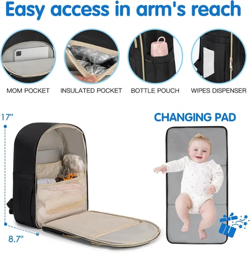 Miniatura 5 de KABAQOO Mochila para pañales de bebé, mochila impermeable para pañales para mamá y papá con cambiador, bolsillos aislados y correas para cochecito