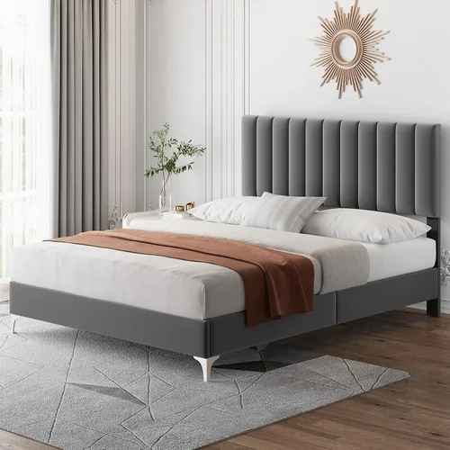 Miniatura 3 de IDEALHOUSE Base de cama de tamaño matrimonial con cabecera ajustable, plataforma tapizada de terciopelo con soporte de listones de madera,