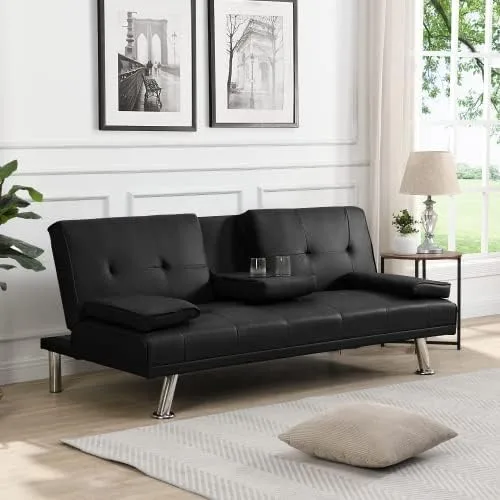Majnesvon Sofá cama tipo futón, moderno y convertible con reposabrazos y 2 portavasos, sofá biplaza reversible, plegable, para invitados, estudio,