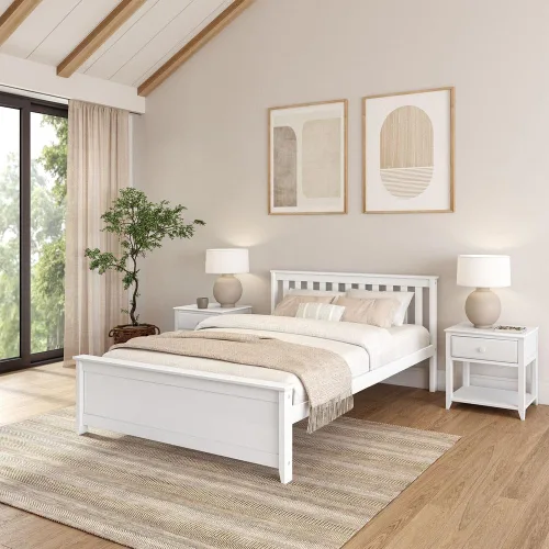 Miniatura 19 de Plank+Beam Estructura de cama individual de madera maciza, cama plataforma con cabecero, color nogal
