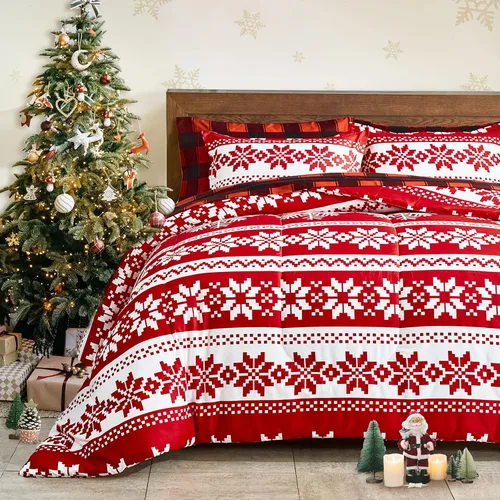 Miniatura 10 de Juego de Edredón y Sábanas de Navidad Queen en una Bolsa, 7 Piezas, Cuadros Búfalo Gingham Rojo y Negro, Juego de Ropa de Cama Estilo Navideño