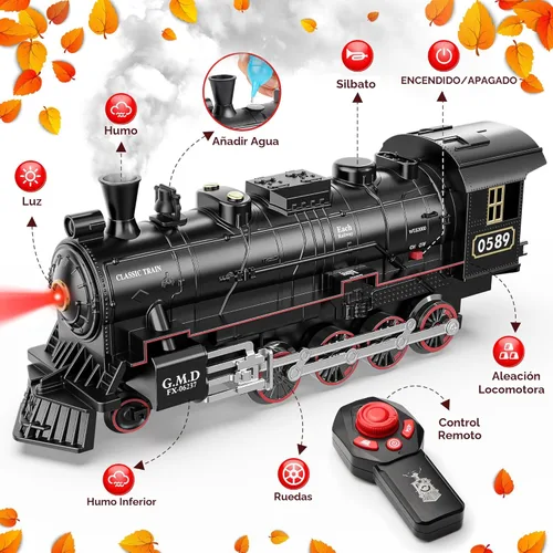 Miniatura 2 de Hot Bee Juego de tren para niños, juegos de tren de aleación a control remoto con locomotora de vapor, autos y pistas iluminados, juego de trenes