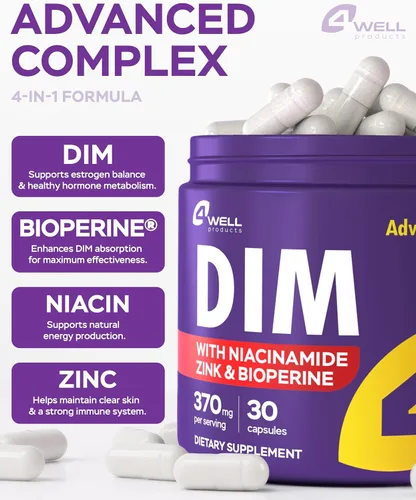 Miniatura 5 de 4Well Products Dim Supplement Complejo de 370 mg con zinc, niacinamida, bloqueador de estrógeno para mujeres y hombres, equilibrio hormonal, acné