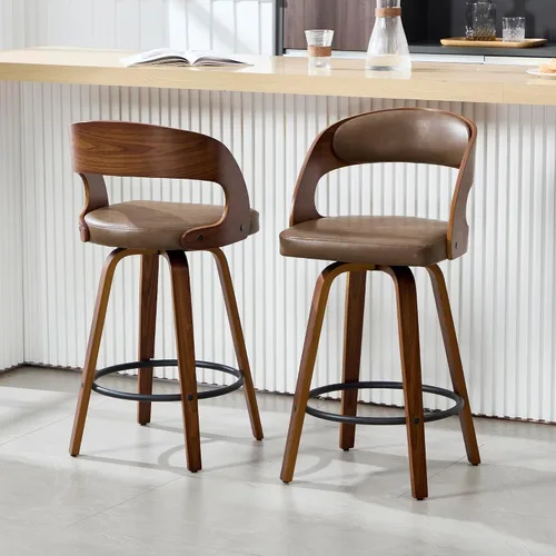 Miniatura 13 de VipDesk Taburetes de bar giratorios, Taburetes de bar de altura de mostrador de nogal con respaldo y brazos, Taburetes de bar tapizados modernos