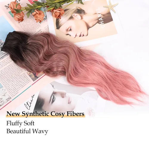 Miniatura 3 de 4 piezas de extensiones de cabello rizado con clip, color dorado oscuro, mezcla de rubio beige, sintético de 20 pulgadas de largo, extensiones