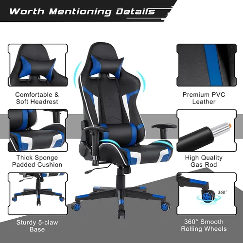Miniatura 7 de DORTALA Silla ergonómica para videojuegos, silla de carreras de respaldo alto con soporte lumbar de masaje, bolsillo para banco de energía Azul