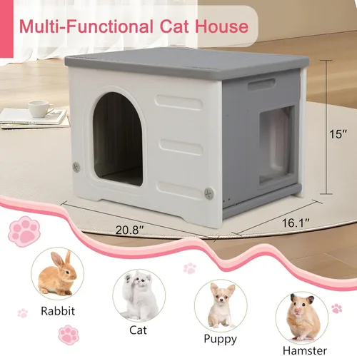 Miniatura 7 de Casa de plástico para gatos para interiores y exteriores, casa impermeable para gatos con puerta de escape para gatos salvajes exteriores, refugio
