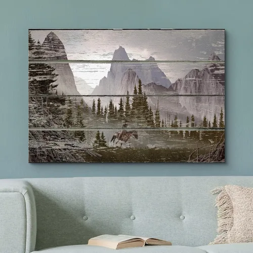 Miniatura 2 de wall26 - Paisaje rústico de montaña sobre un fondo de madera - Arte en lienzo para el hogar - 12 x 18 pulgadas