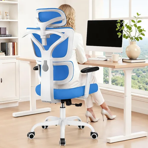 Miniatura 16 de Silla de oficina ergonómica con respaldo alto y soporte lumbar, silla de computadora de malla transpirable con reposabrazos ajustables, silla Blanco