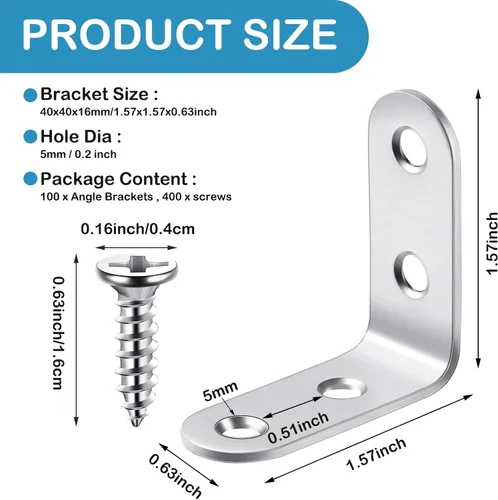 Miniatura 2 de Pelopy 100 soportes en forma de L de acero inoxidable de 90 grados, soporte de ángulo recto resistente para muebles de madera, silla, cajón