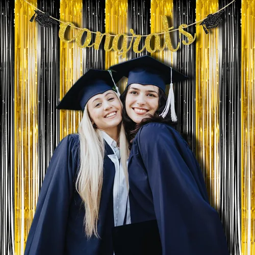 Miniatura 4 de BRAVESHINE Cortinas de flecos de lámina de oro negro de 3.2 x 8.2 pies, paquete de 2 cabinas de fotos de oropel para decoración de graduación