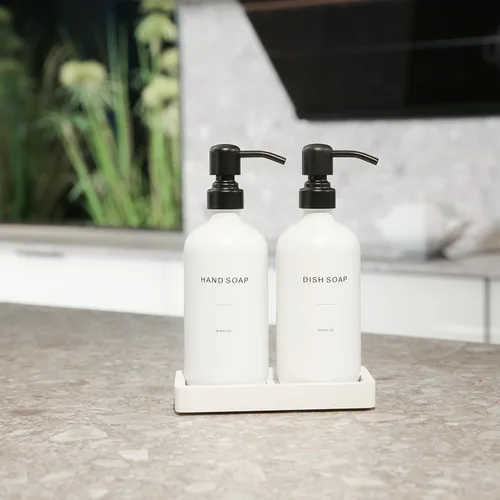 Miniatura 3 de Prus Waso Juego de dispensador de jabón de cocina, dispensador de jabón blanco con bomba de acero inoxidable negro, perfecto para decoración moderna