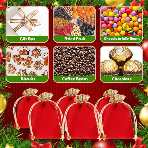 Miniatura 4 de KIPETTO Bolsas de terciopelo con cordón para Navidad, 25 unidades, bolsas de regalo de terciopelo con cordón, bolsas de joyería para dulces de Rojo