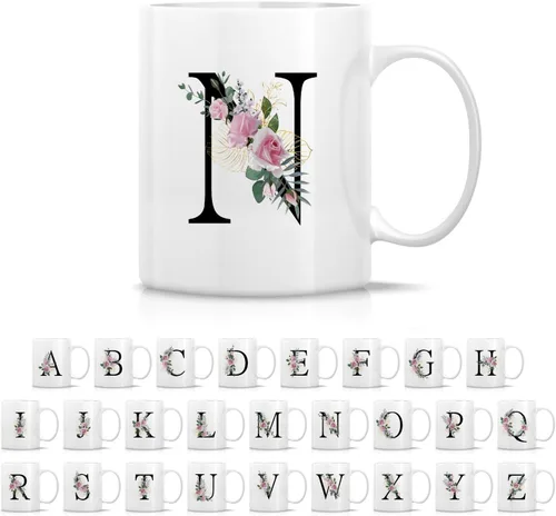Miniatura 8 de Retreez Ramo botánico floral inicial A-Z con monograma, taza con monograma de cerámica de 11 onzas, regalo de agradecimiento de agradecimiento
