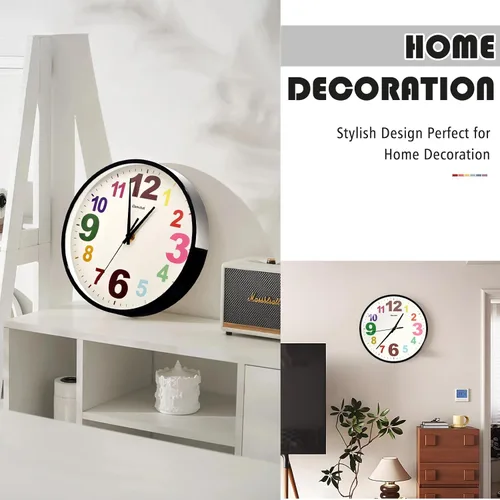 Miniatura 5 de Reloj de pared, 10 pulgadas, multicolor, silencioso, sin tictac, funciona con pilas, relojes de pared modernos para dormitorio, sala de estar