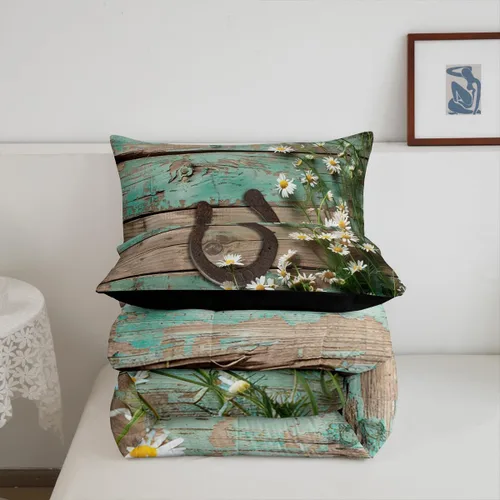 Miniatura 6 de Juego de ropa de cama rústica de granja color verde azulado con puerta de granero de madera, edredón de plumas tamaño Queen, decoración occidental