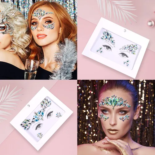 Miniatura 4 de SAOROPEB Gemas faciales – 6 juegos de joyas de cara de sirena, calcomanías temporales de tatuaje, calcomanías de acrílico con purpurina de cristal