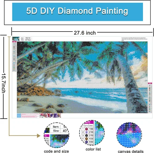 Miniatura 2 de Yunnuo Kits de Pintura de Diamantes de Paisaje para Adultos, Arte de Diamantes de Playa DIY 5D, Pintura de Diamantes Escenario de Cocos, Pintura