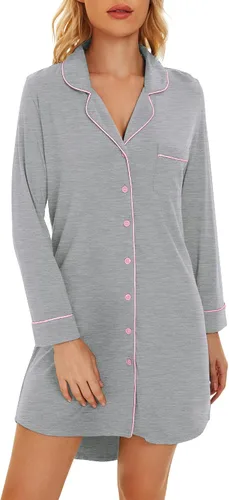 Miniatura 2 de WiWi Camisones de viscosa de bambú para mujer, suave, de manga larga, con botones, ropa de dormir, vestido de novio S-XXL
