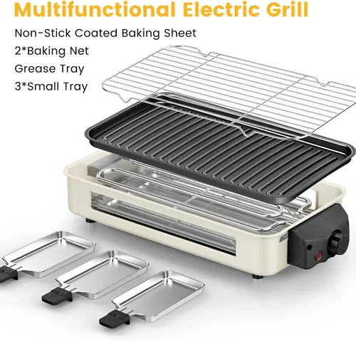 Miniatura 7 de YOHAWJAN - Parrilla eléctrica para interiores de 1500 W, 2 en 1, sin humo, con parrilla extraíble antiadherente y placa de plancha, control