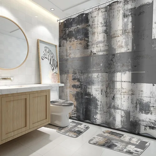 Miniatura 17 de Lnond 4 Piezas Juegos de Cortinas de Ducha de Baño Moradas con Alfombras, Arte de Pintura Púrpura y Gris Juegos de Baño con Cortina de Ducha