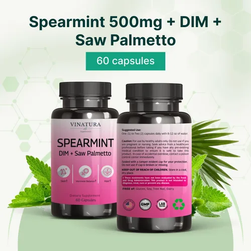 Miniatura 8 de VINATURA Spearmint Cápsulas Suplemento – Extracto de hoja de menta verde mejorado con DIM y Saw Palmetto, para cabello no deseado, salud y piel