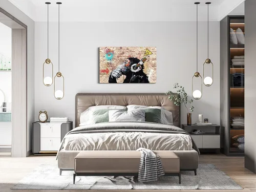Miniatura 6 de MGSBCXN Lienzo decorativo de pared de graffiti, Banksy, impresión artística de DJ Mono Pensativo con auriculares, pintura artística de arte pop Mono