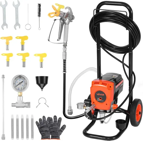 Miniatura 10 de VEVOR Pulverizador de pintura sin aire, 650 W, 3000 PSI de alta presión sin aire con carro, cepillo de limpieza, manguera, barra de extensión