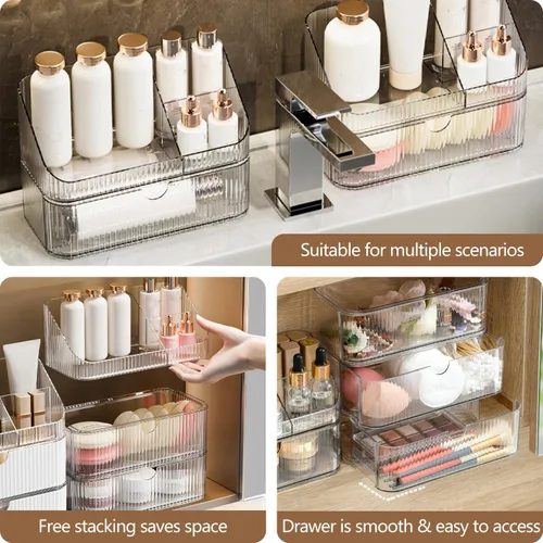Miniatura 5 de Organizador de Botiquín de Medicina de 2 Niveles, Apilable Almacenamiento de Gabinete con Espejo de Baño, Pequeños Organizadores de Maquillaje con 1