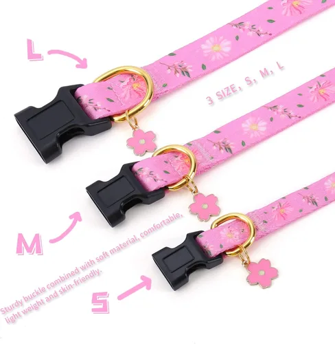 Miniatura 3 de Collar de perro de algodón hecho a mano para perros pequeños, medianos y grandes, flores rosadas con colgante, lindos collares de perro (M)
