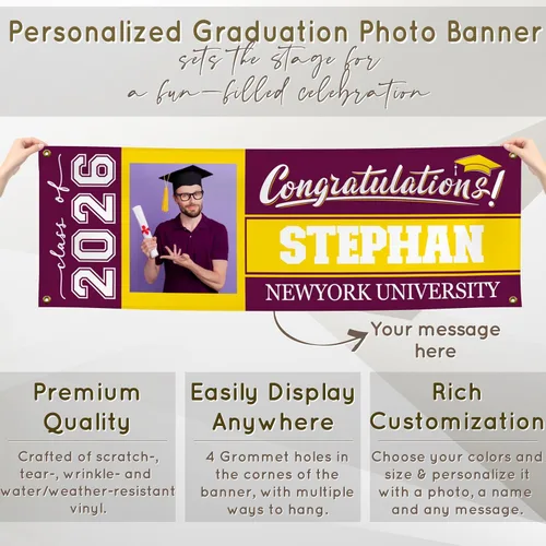 Miniatura 4 de Cartel de graduación 2026 personalizado – Tus propios colores escolares, mensaje – 17 opciones de color 3 tamaños, vinilo de 13 onzas – Bandera