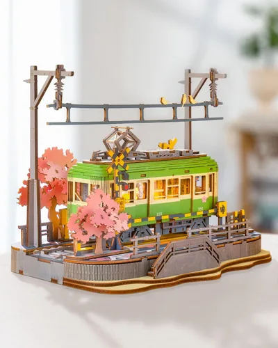 Miniatura 8 de Rolife Sakura Journey Tram - Rompecabezas de madera 3D para adultos, kits de construcción de modelos de bricolaje con luces LED, regalo creativo