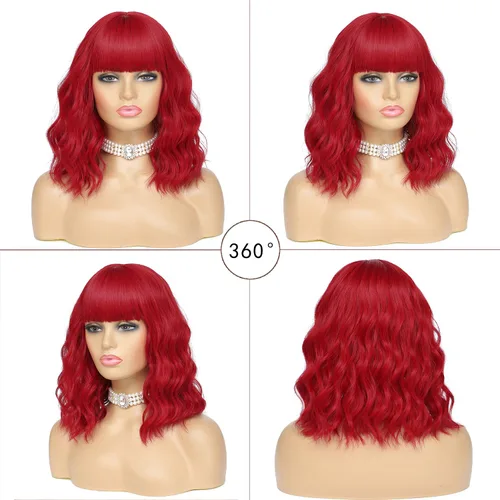 Miniatura 4 de Peluca corta ondulada con flequillo, peluca roja para mujer, peluca sintética rizada estilo Bob, peluca de fibra resistente al calor de aspecto