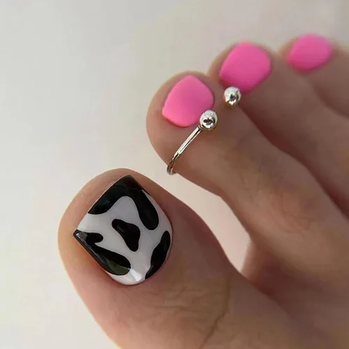 Miniatura 30 de Uñas postizas acrílicas artificiales negras para los dedos de los pies, ataúd a presión con diseños de flores blancas, uñas postizas reutilizables
