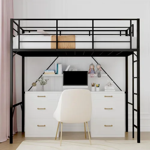 Cama tipo loft individual de 75 pulgadas con escalera y barandilla alta, no requiere somier, ahorro de espacio, no se hunde, soporte de listones de