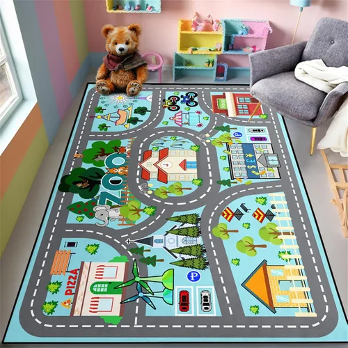 Miniatura 2 de Alfombra de carretera para habitación de niños, alfombra de juego azul para pista de carreras, alfombra de coche para dormitorio, sala