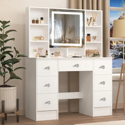 Miniatura 15 de Espejo de tocador con luces, escritorio y silla, 5 cajones y gabinete, mesa de maquillaje con espejo grande HD, 3 modos de iluminación, mesa