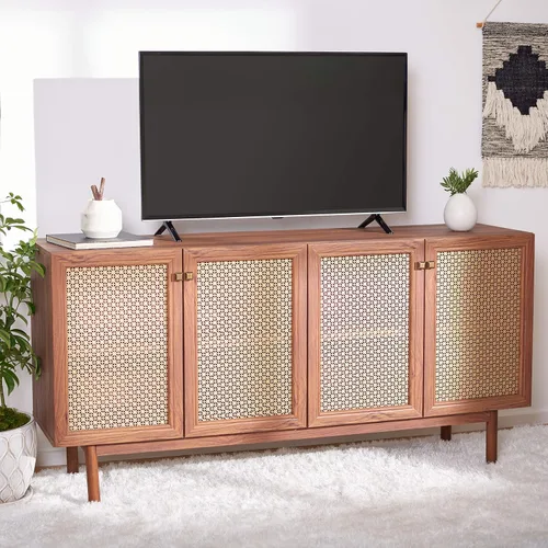 Miniatura 2 de SAFAVIEH Piran Soporte de TV para pantalla plana de hasta 70 pulgadas, nogal y dorado, 4 puertas con almacenamiento interior, consola multimedia