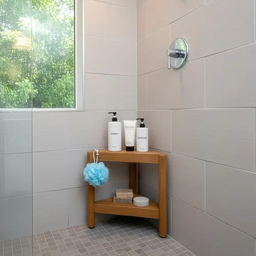 Miniatura 2 de Asta Select - Taburete de ducha de esquina de teca maciza, taburete de madera de teca Poratble para spa/ducha/interior/exterior con estante