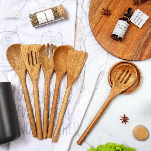 Miniatura 5 de Juego de utensilios de cocina, 8 piezas de utensilios de cocina de madera con soporte de cerámica (soporte negro)