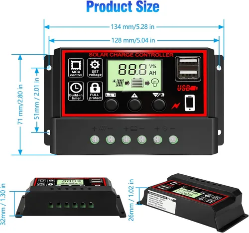 Miniatura 5 de Controlador de carga solar MPPT de 30 A, regulador de panel solar de seguimiento automático de 12 V/24 V con pantalla LCD, puerto USB dual, modos
