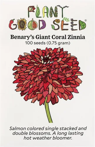 Plant Good Seed Organic Benary's - Semillas gigantes de zinnia de coral para plantar: flor cortada para clima cálido, flores apiladas doble, paquete