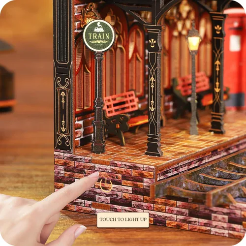 Miniatura 4 de Kit de rincón de libros, kit de bricolaje en miniatura de casa de muñecas con tren de vapor, rompecabezas de madera 3D para colgar libros con LED