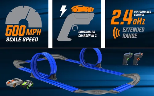 Miniatura 3 de Juego de pista de carreras con control remoto inalámbrico que brilla en la oscuridad de alta velocidad con dos autos para carreras duales, azul