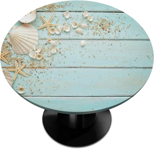 Mantel redondo ajustable de playa de madera de verano con diseño de estrella de mar y borde elástico (se adapta a mesas de 40 a 44 pulgadas),