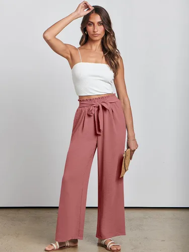 Miniatura 6 de ANRABESS Pantalones palazzo de pierna ancha para mujer, cintura alta, nudo de lazo, ligeros, elegantes, bohemios, pantalones de descanso