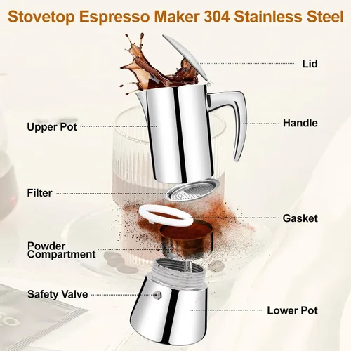 Miniatura 3 de Sin revestimiento 4 tazas de acero inoxidable 304 espesado Moka Pot Estufa Cafetera de café italiano 6.8 fl oz 6.8oz Adecuado para estufa