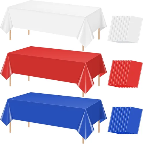 Miniatura 12 de Paquete de 12 manteles de plástico desechables del 4 de julio, manteles de plástico desechables en color rojo, blanco y azul, fundas rectangulares